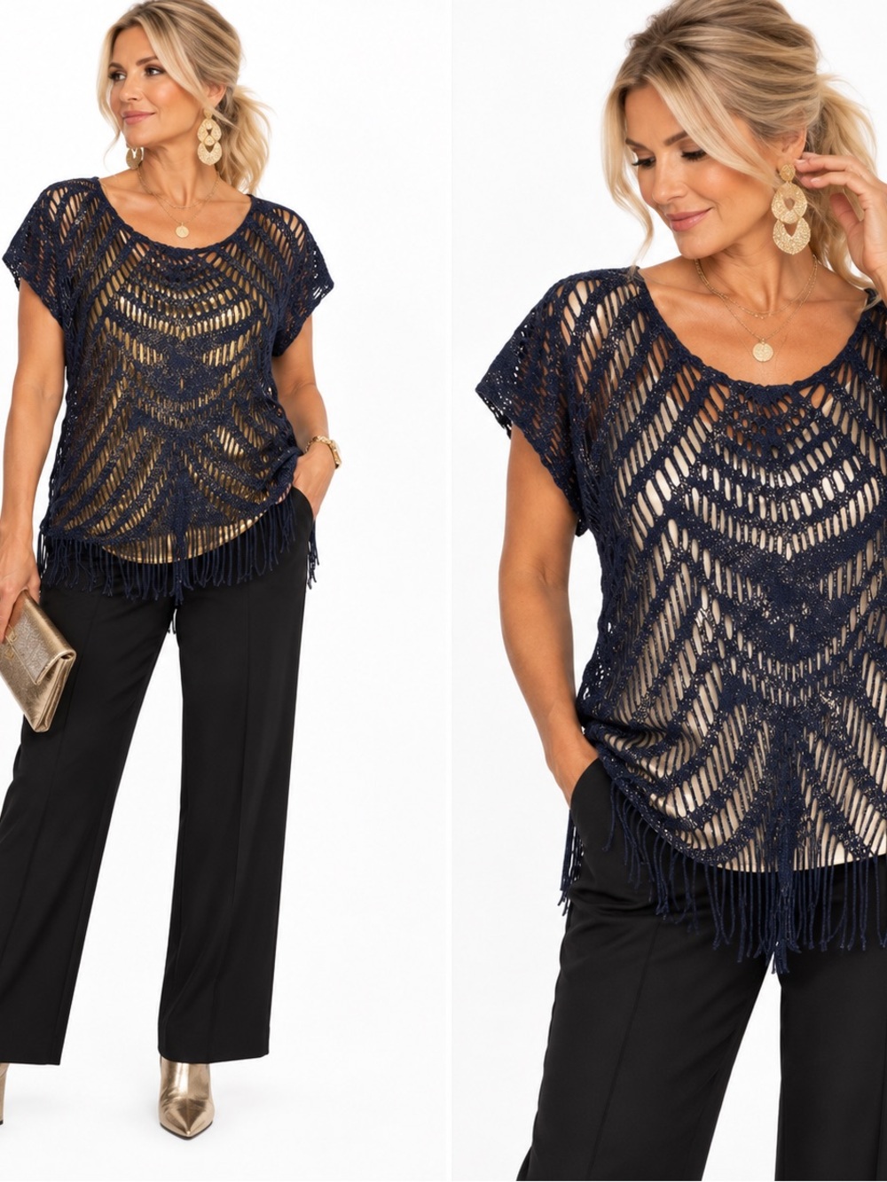CHICOS CROCHETED NAVY & GOLD BOHO FRINGE TOP SZ LG EUC